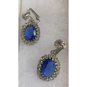 Vtg Earrings Clip Dangles Royal Blue Rhinestones Princess Diana